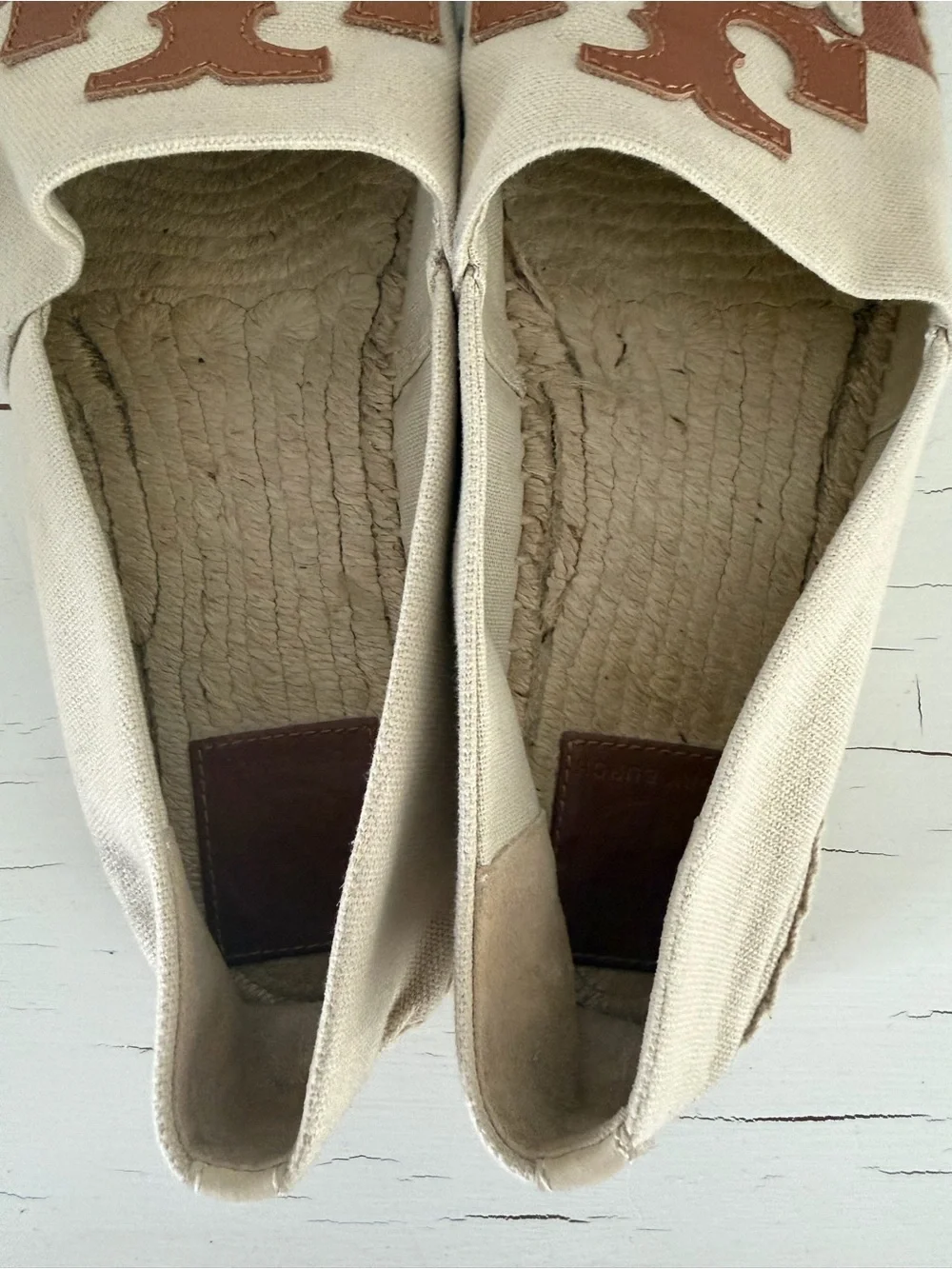 Tory Burch Double T Logo Canvas Espadrille Flats Brown Cream Size 9
